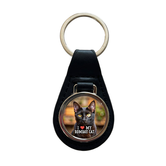 I Love My Bombay Cat Heart Black Leather Metal Keychain