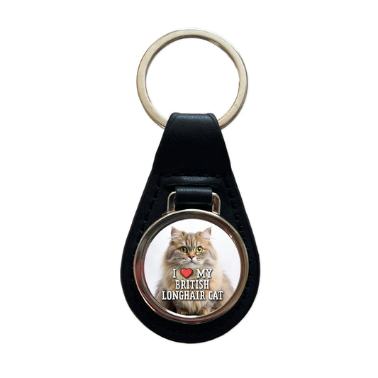 I Love My British Longhair Cat Heart Black Leather Metal Keychain