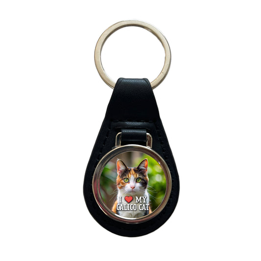 I Love My Calico Cat Heart Black Leather Metal Keychain