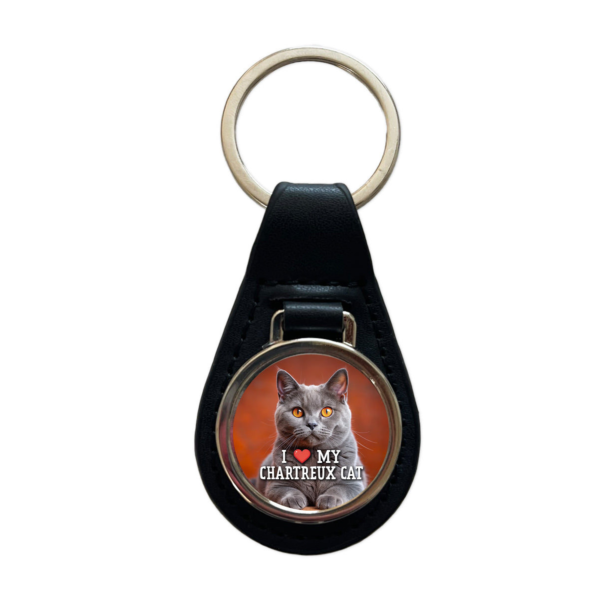 I Love My Chartreux Cat Heart Black Leather Metal Keychain