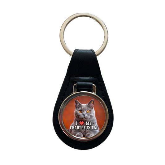 I Love My Chartreux Cat Heart Black Leather Metal Keychain