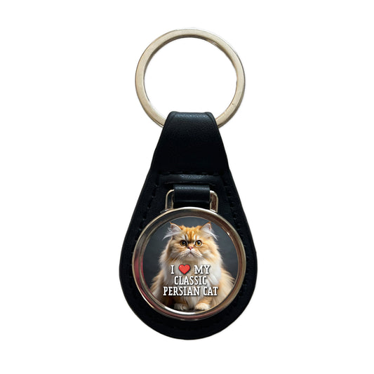 I Love My Classic Persian Cat Heart Black Leather Metal Keychain