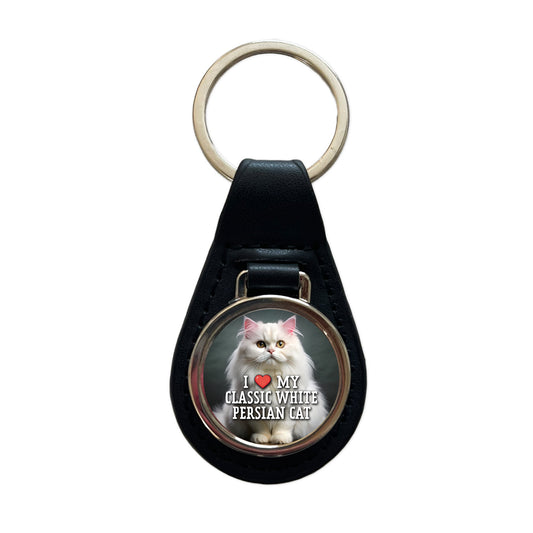 I Love My Classic White Persian Cat Heart Black Leather Metal Keychain