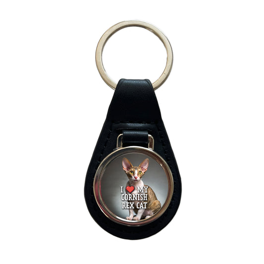 I Love My Cornish Rex Cat Heart Black Leather Metal Keychain
