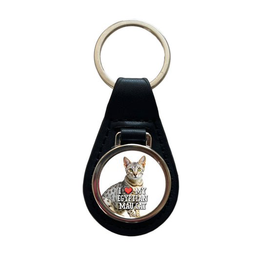 I Love My Egyptian Mau Cat Heart Black Leather Metal Keychain