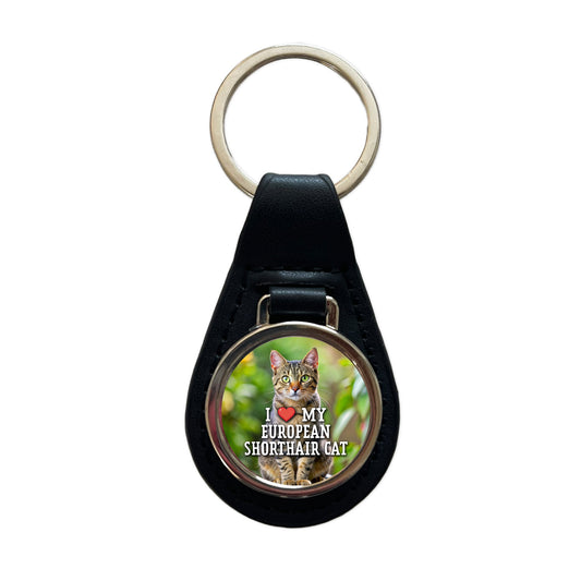 I Love My European Shorthair Cat Heart Black Leather Metal Keychain