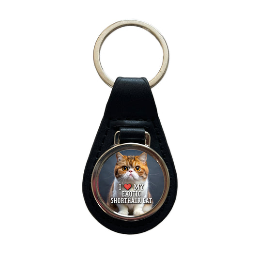 I Love My Exotic Shorthair Cat Heart Black Leather Metal Keychain