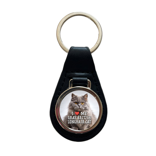 I Love My Gray British Longhair Cat Heart Black Leather Metal Keychain