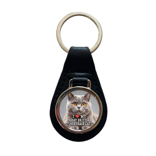 I Love My Gray British Shorthair Cat Heart Black Leather Metal Keychain