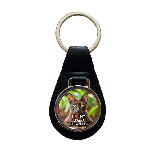 I Love My Havana Brown Cat Heart Black Leather Metal Keychain