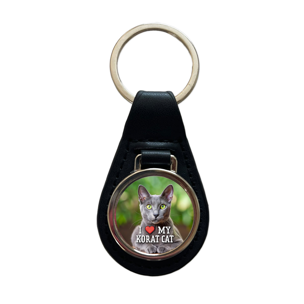 I Love My Korat Cat Heart Black Leather Metal Keychain
