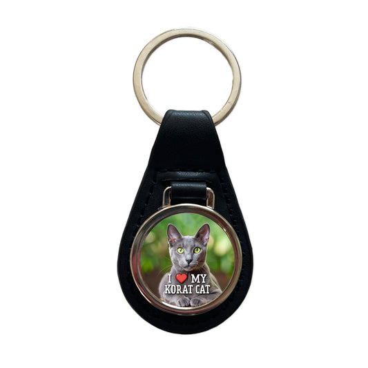 I Love My Korat Cat Heart Black Leather Metal Keychain