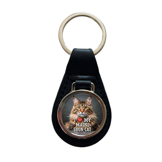 I Love My Maine Coon Cat Heart Black Leather Metal Keychain
