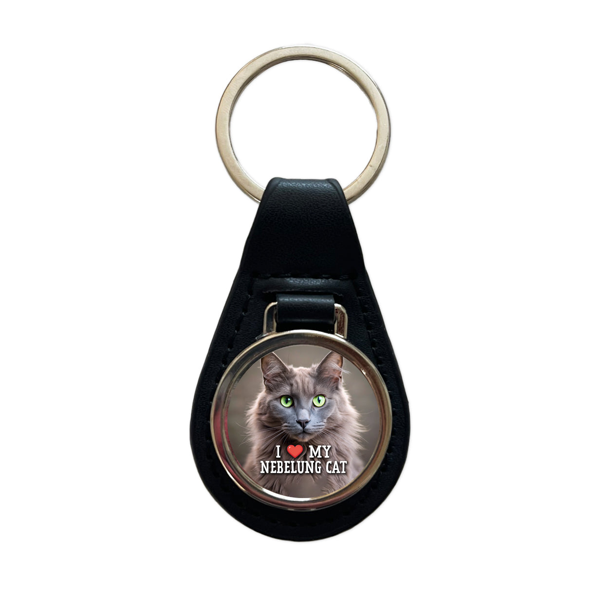 I Love My Nebelung Cat Heart Black Leather Metal Keychain