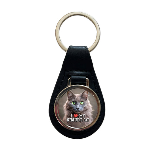 I Love My Nebelung Cat Heart Black Leather Metal Keychain