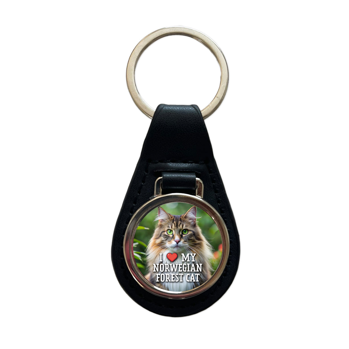 I Love My Norwegian Forest Cat Heart Black Leather Metal Keychain