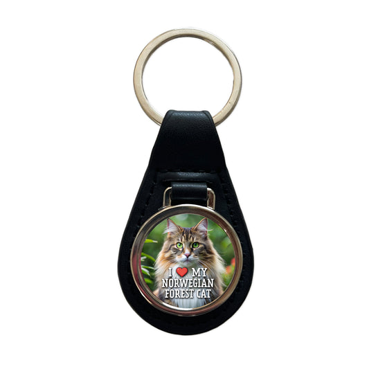I Love My Norwegian Forest Cat Heart Black Leather Metal Keychain