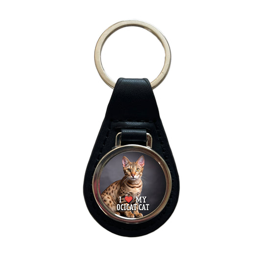 I Love My Ocicat Cat Heart Black Leather Metal Keychain