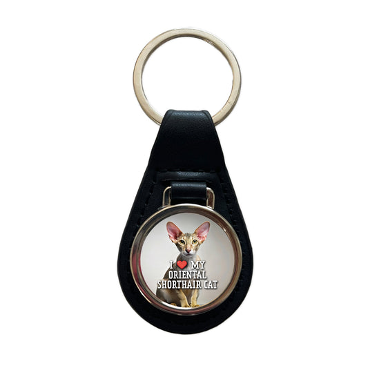 I Love My Oriental Shorthair Cat Heart Black Leather Metal Keychain