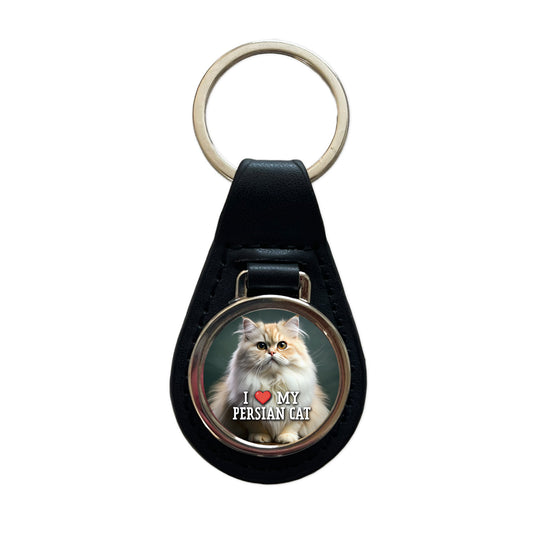 I Love My Persian Cat Heart Black Leather Metal Keychain