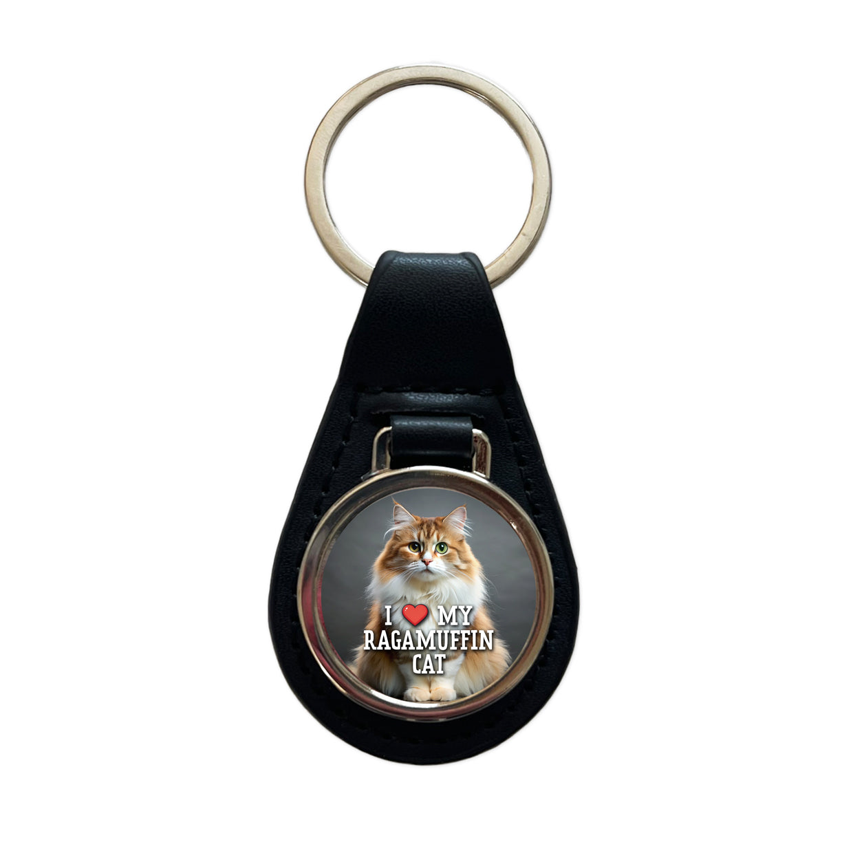 I Love My Ragamuffin Cat Heart Black Leather Metal Keychain