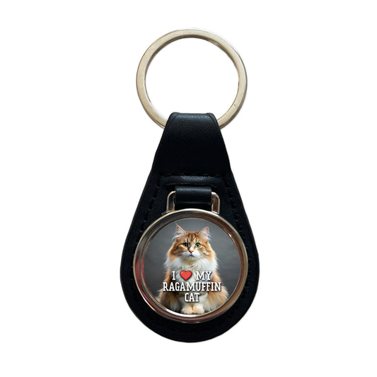 I Love My Ragamuffin Cat Heart Black Leather Metal Keychain