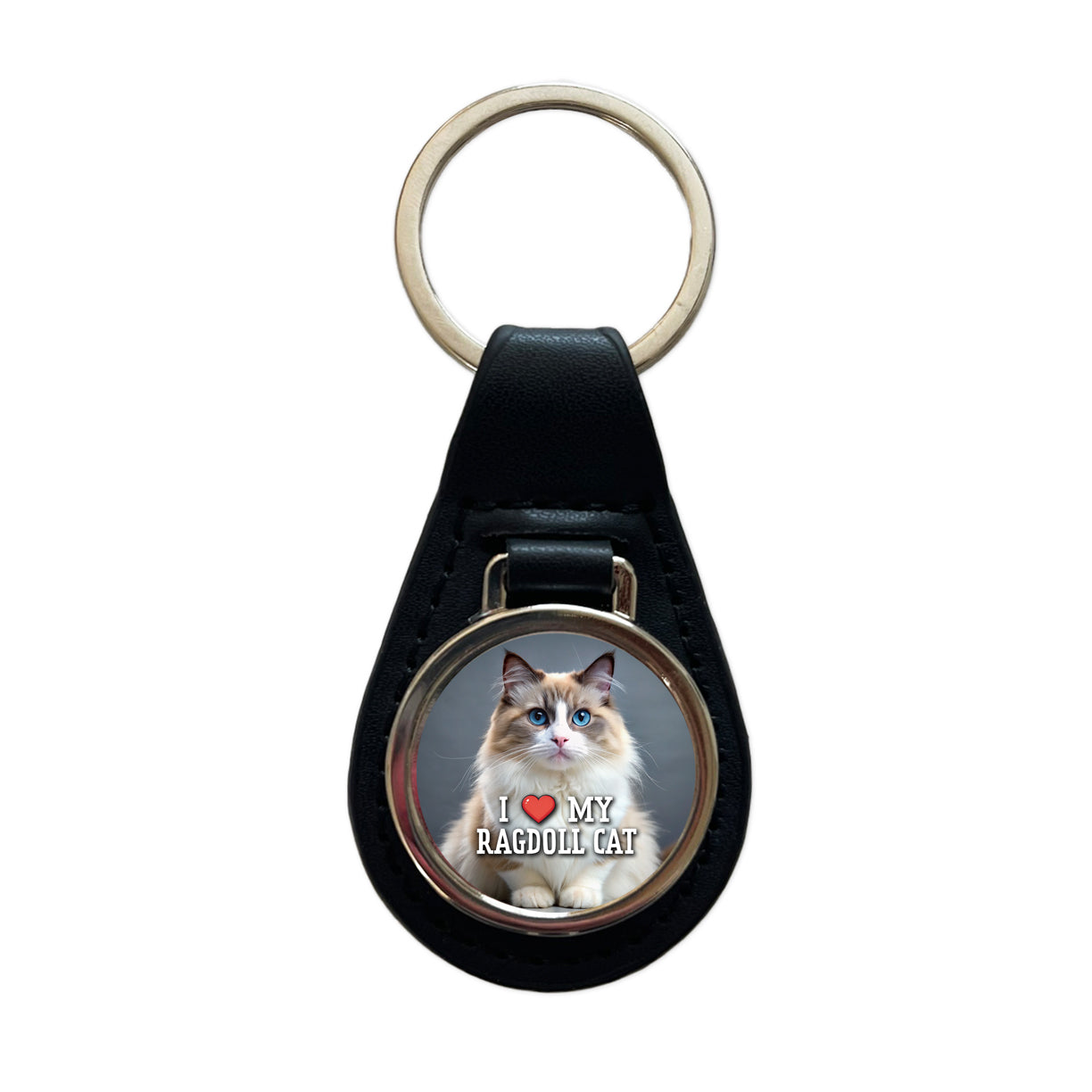 I Love My Ragdoll Cat Heart Black Leather Metal Keychain
