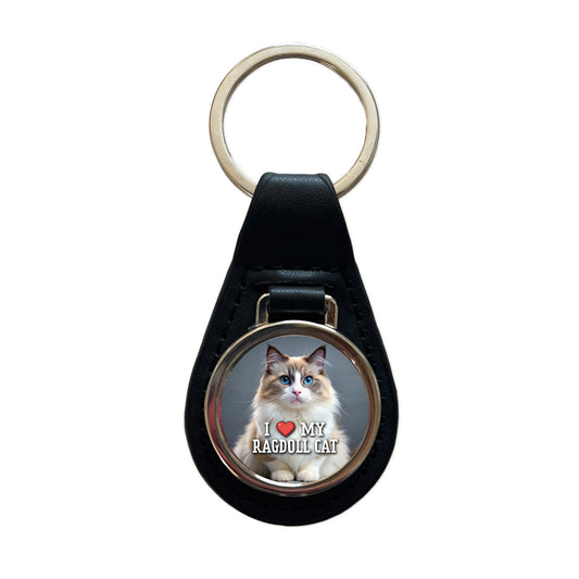 I Love My Ragdoll Cat Heart Black Leather Metal Keychain