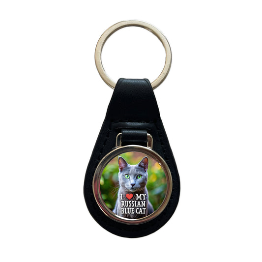 I Love My Russian Blue Cat Heart Black Leather Metal Keychain
