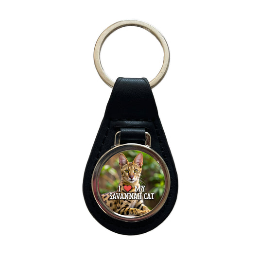I Love My Savannah Cat Heart Black Leather Metal Keychain