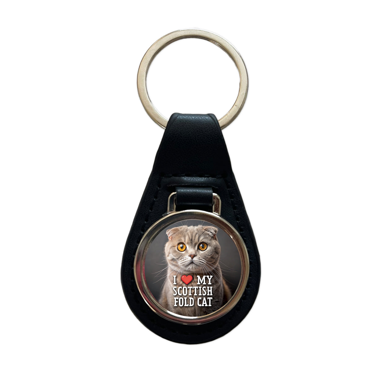 I Love My Scottish Fold Cat Heart Black Leather Metal Keychain
