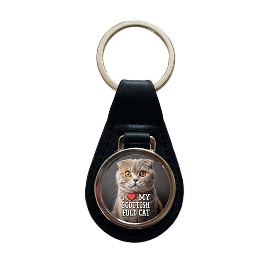 I Love My Scottish Fold Cat Heart Black Leather Metal Keychain