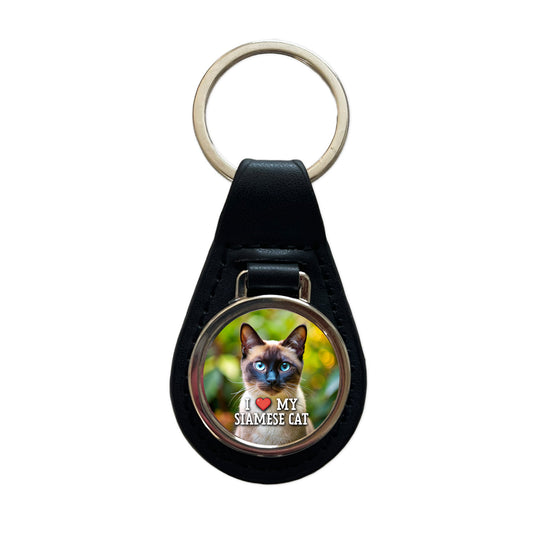 I Love My Siamese Cat Heart Black Leather Metal Keychain
