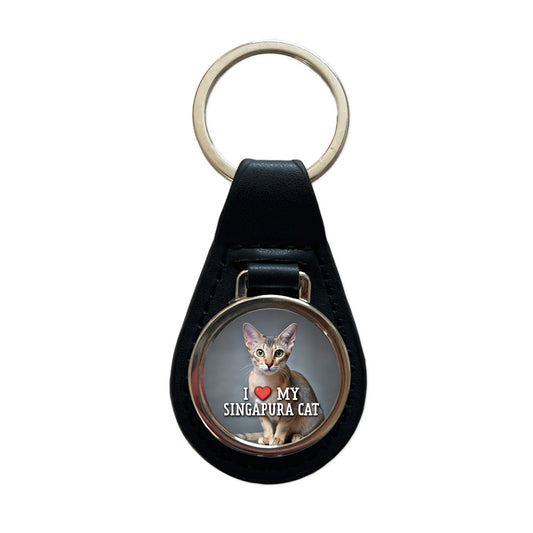 I Love My Singapura Cat Heart Black Leather Metal Keychain