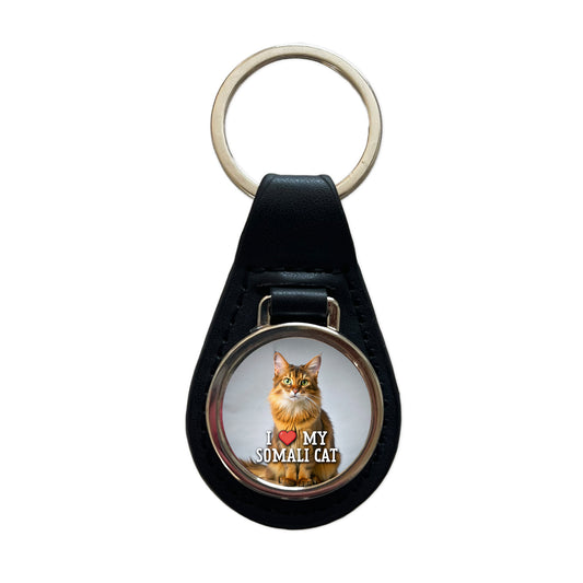 I Love My Somali Cat Heart Black Leather Metal Keychain
