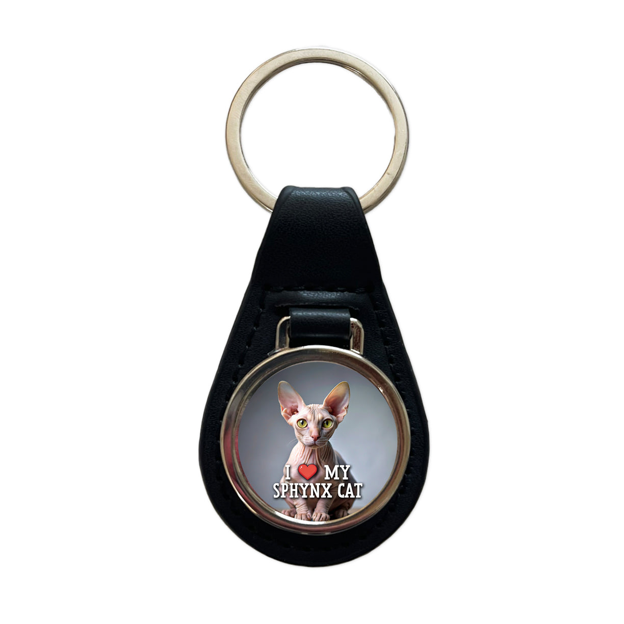 I Love My Sphynx Cat Heart Black Leather Metal Keychain