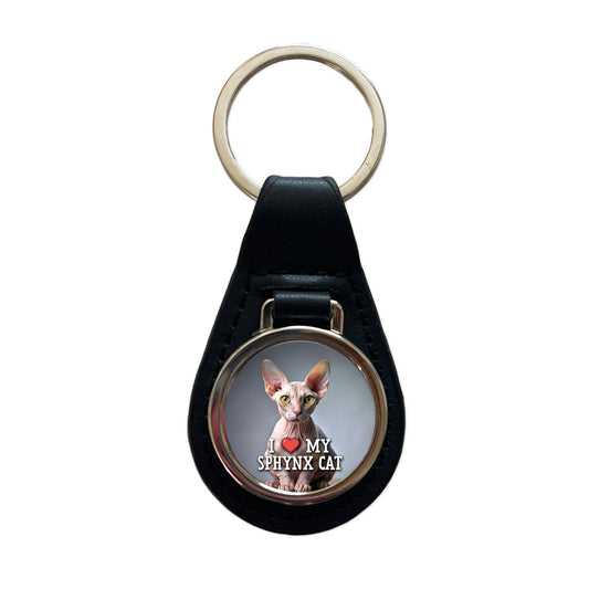 I Love My Sphynx Cat Heart Black Leather Metal Keychain