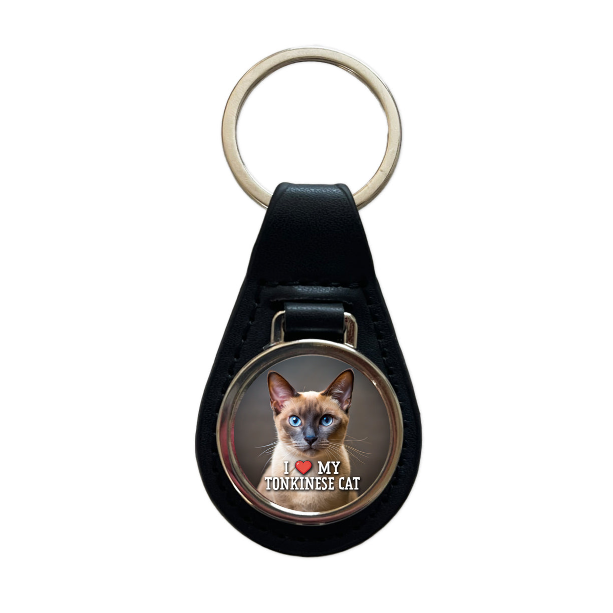 I Love My Tonkinese Cat Heart Black Leather Metal Keychain