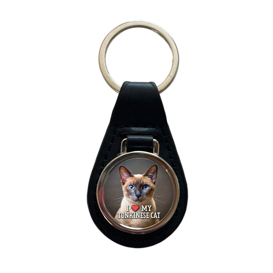 I Love My Tonkinese Cat Heart Black Leather Metal Keychain