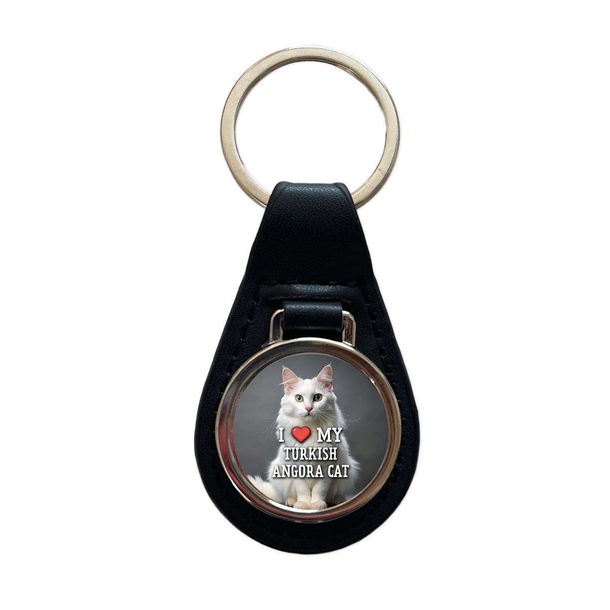 I Love My Turkish Angora Cat Heart Black Leather Metal Keychain