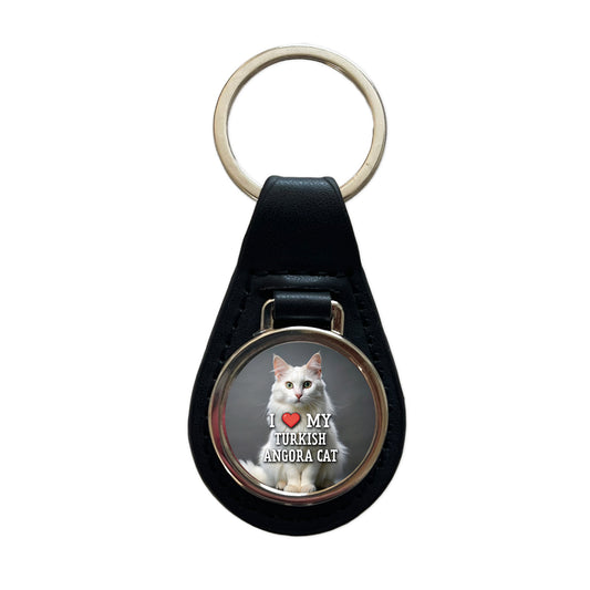 I Love My Turkish Angora Cat Heart Black Leather Metal Keychain