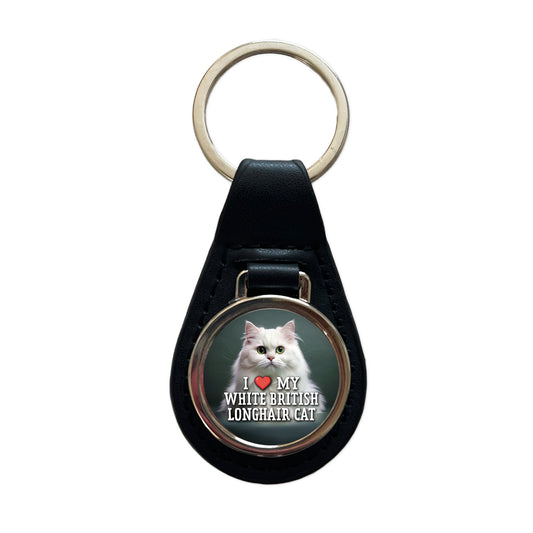 I Love My White British Longhair Cat Heart Black Leather Metal Keychain