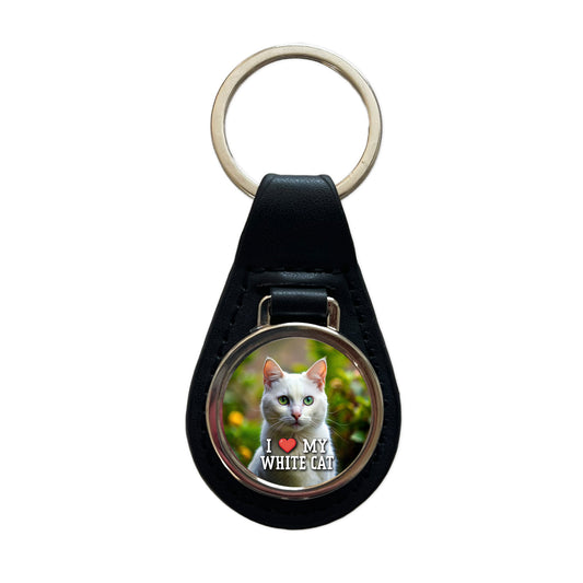 I Love My White Cat Heart Black Leather Metal Keychain