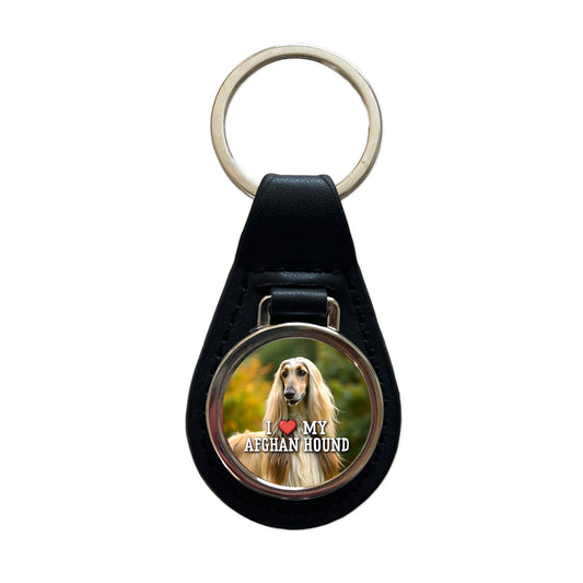 I Love My Afghan Hound Dog Heart Black Leather Metal Keychain