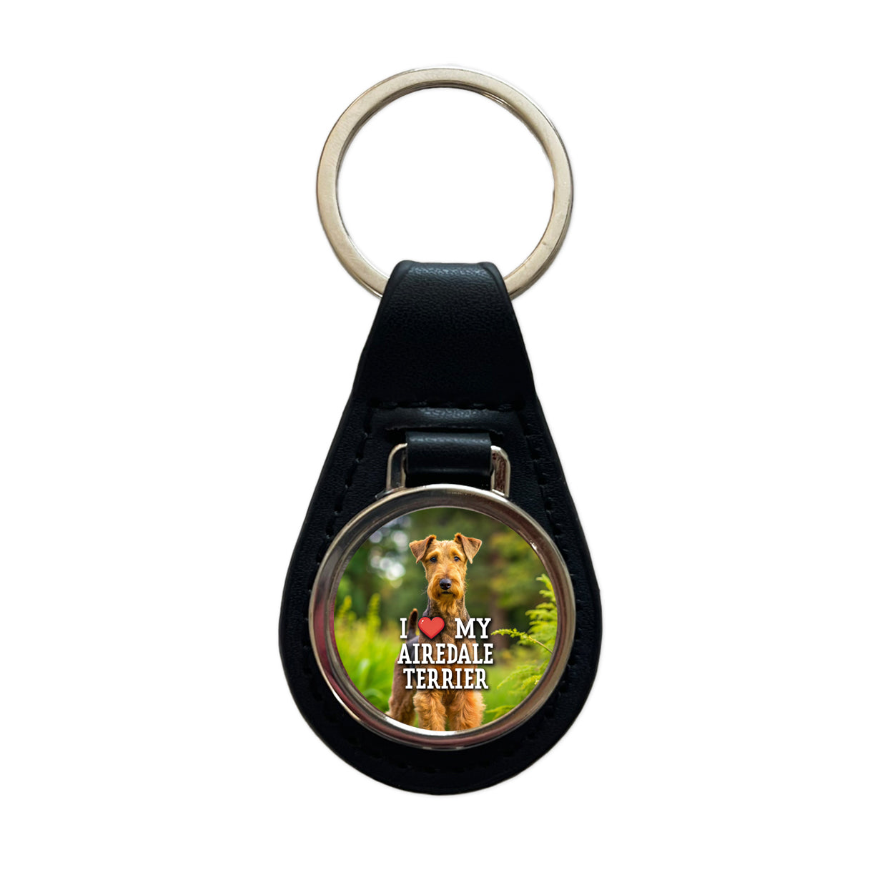 I Love My Airedale Terrier Dog Heart Black Leather Metal Keychain
