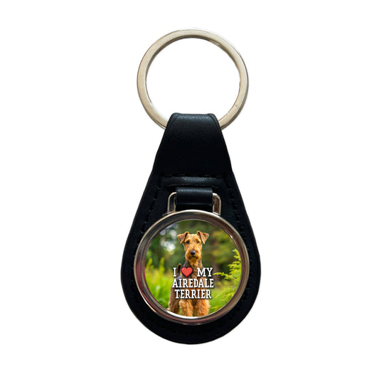 I Love My Airedale Terrier Dog Heart Black Leather Metal Keychain