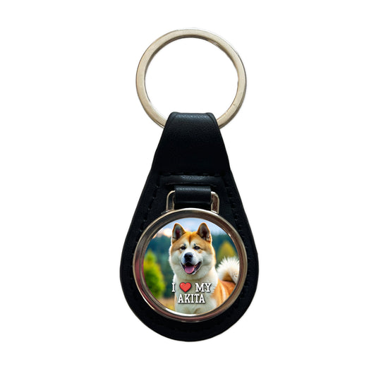 I Love My Akita Dog Heart Black Leather Metal Keychain