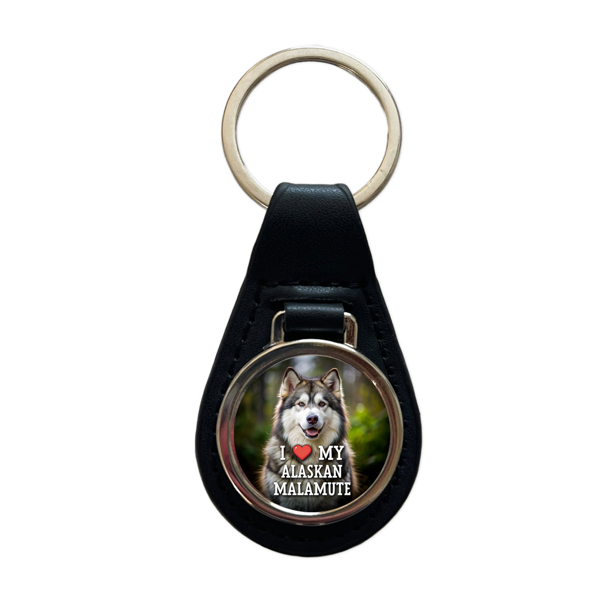 I Love My Alaskan Malamute Dog Heart Black Leather Metal Keychain
