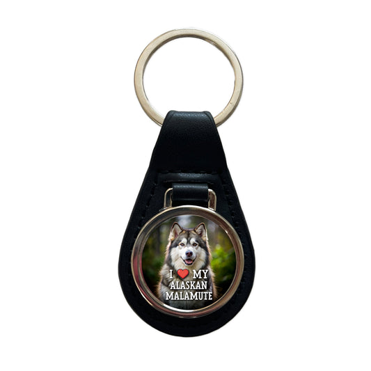 I Love My Alaskan Malamute Dog Heart Black Leather Metal Keychain