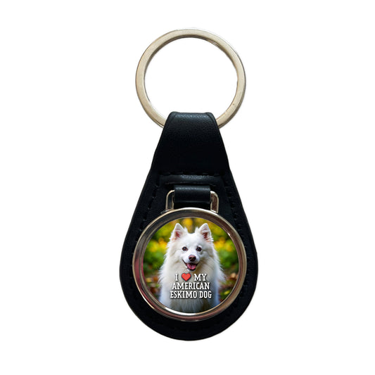I Love My American Eskimo Dog Heart Black Leather Metal Keychain
